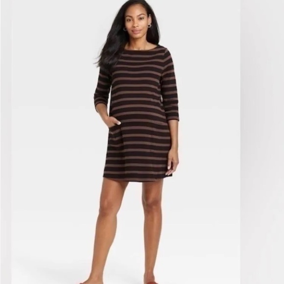 The Nines x Hatch Tunic Shift Dress XS Brown Black Striped Maternity Target Boxy - Picture 1 of 11